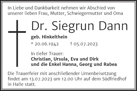 Traueranzeige von Siegrun Dann von Mitteldeutsche Zeitung Halle/Saalkreis