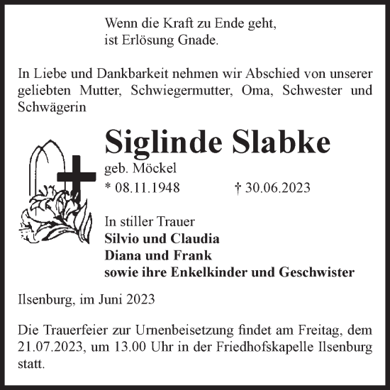 Traueranzeige von Siglinde Slabke von Volksstimme Wernigerode