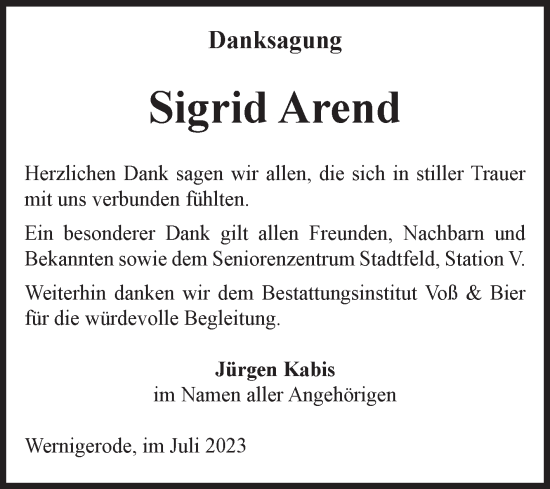 Traueranzeige von Sigrid Arend von Volksstimme Wernigerode