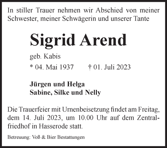 Traueranzeige von Sigrid Arend von Volksstimme Wernigerode