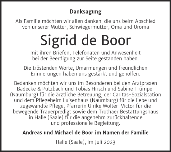 Traueranzeige von Sigrid de Boor von Mitteldeutsche Zeitung Halle/Saalkreis
