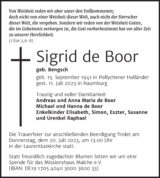 Traueranzeige von Sigrid de Boor von Mitteldeutsche Zeitung Halle/Saalkreis
