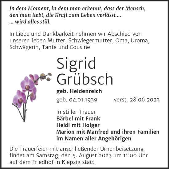 Traueranzeige von Sigrid Grübsch von Mitteldeutsche Zeitung Halle/Saalkreis