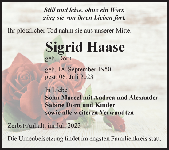 Traueranzeige von Sigrid Haase von Volksstimme Zerbst