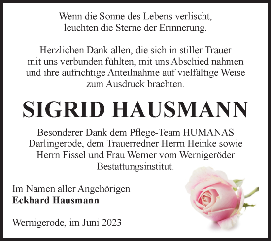 Traueranzeige von Sigrid Hausmann von Volksstimme Wernigerode