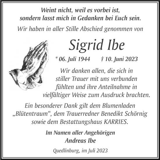 Traueranzeige von Sigrid Ibe von Trauerkombi Quedlinburg