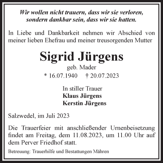 Traueranzeige von Sigrid Jürgens von Volksstimme Altmark West