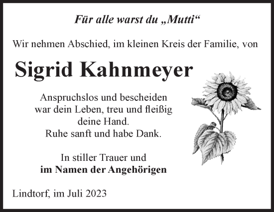 Traueranzeige von Sigrid Kahnmeyer von Volksstimme Altmark Ost