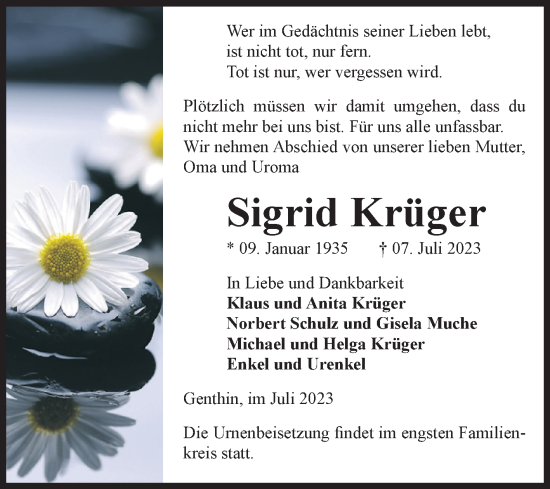 Traueranzeige von Sigrid Krüger von Volksstimme Burg/Genthin