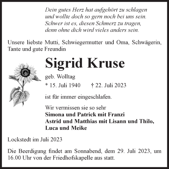 Traueranzeige von Sigrid Kruse von Volksstimme Haldensleben/Wolmirstedt