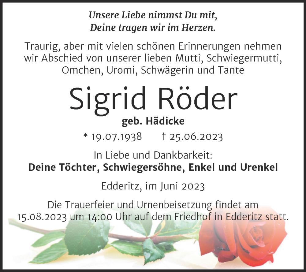  Traueranzeige für Sigrid Röder vom 01.07.2023 aus Trauerkombi Köthen