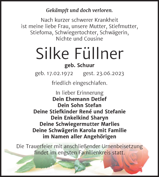 Traueranzeige von Silke Füllner von Trauerkombi Wittenberg