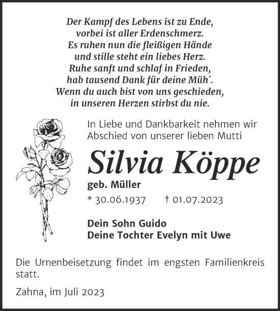 Traueranzeige von Silvia Köppe von Trauerkombi Wittenberg