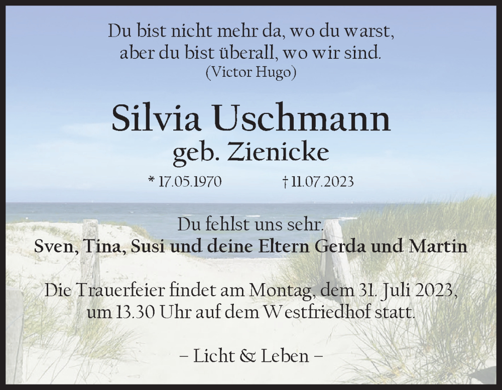  Traueranzeige für Silvia Uschmann vom 22.07.2023 aus Volksstimme Magdeburg