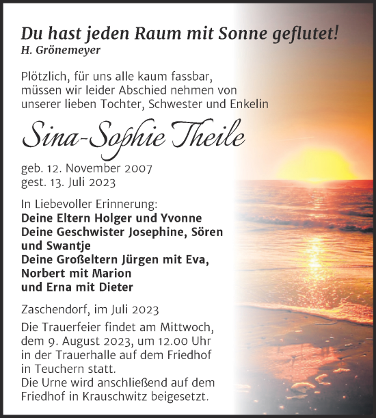 Traueranzeige von Sina-Sophie Theile von Trauerkombi Weißenfels
