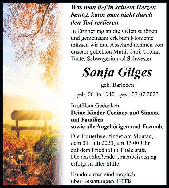 Traueranzeige von Sonja Gilges von Trauerkombi Quedlinburg
