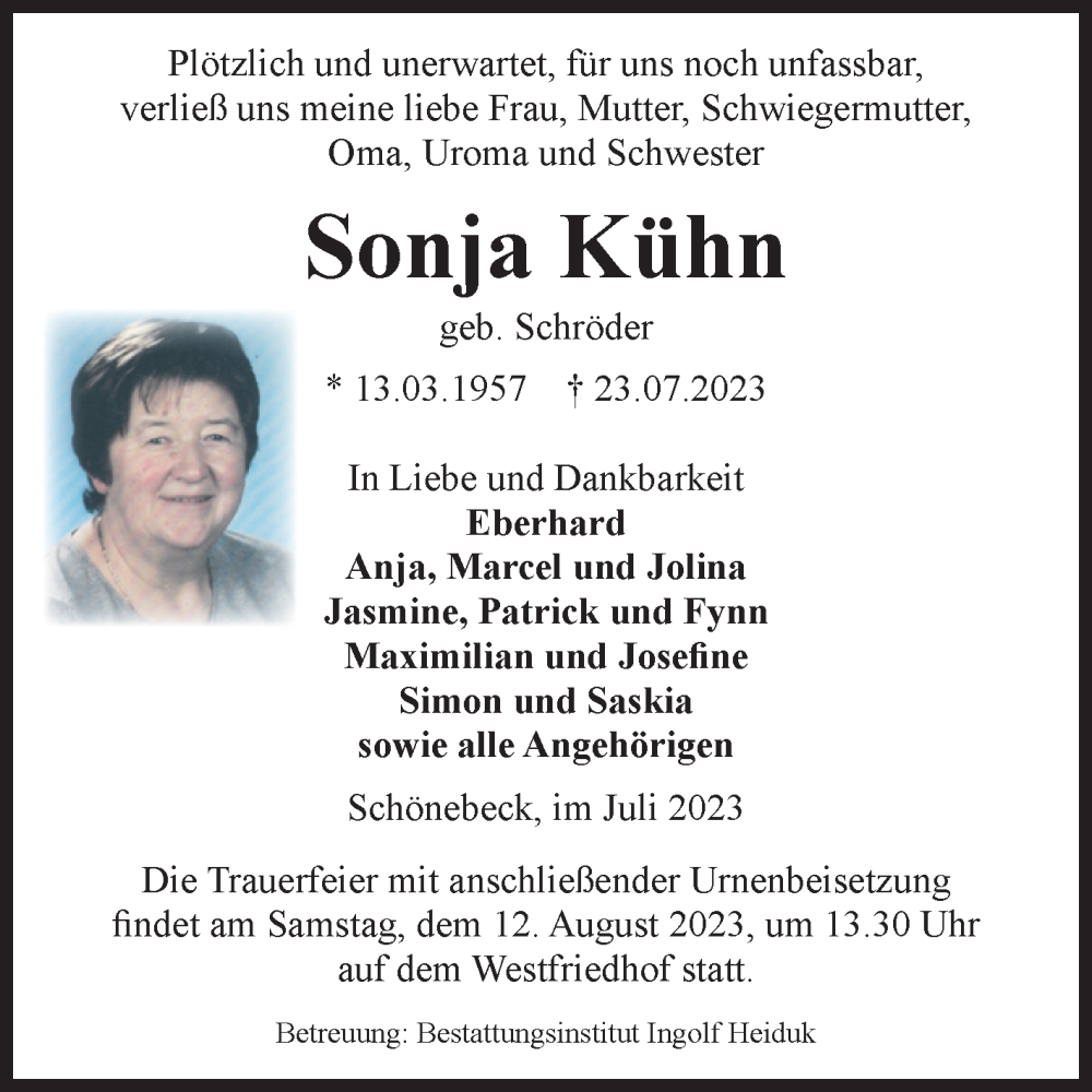  Traueranzeige für Sonja Kühn vom 29.07.2023 aus Volksstimme Schönebeck