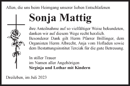 Traueranzeige von Sonja Mattig von Volksstimme Oschersleben/Wanzleben