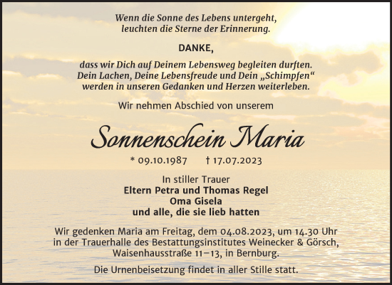 Traueranzeige von Sonnenschein Maria von Trauerkombi Bernburg