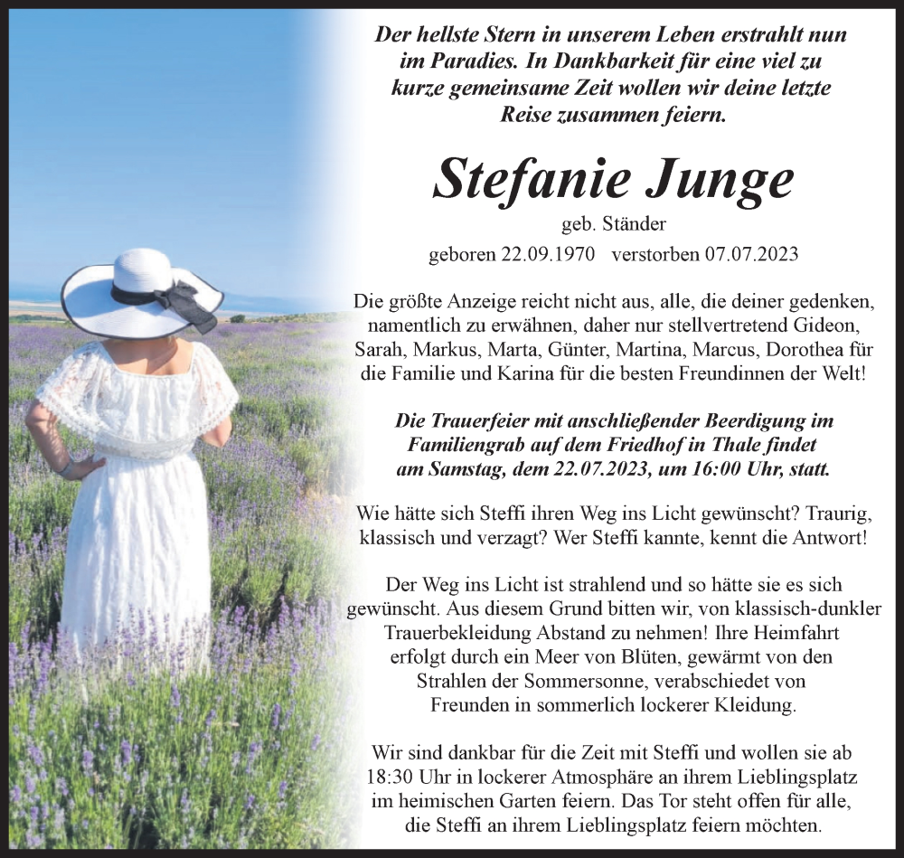  Traueranzeige für Stefanie Junge vom 15.07.2023 aus Trauerkombi Quedlinburg