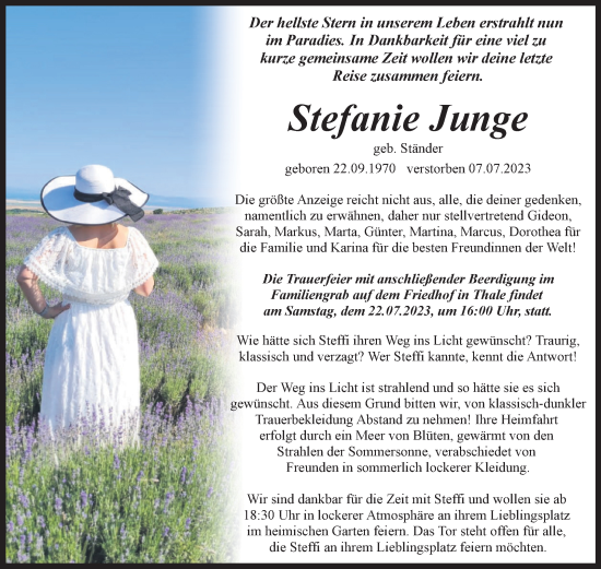 Traueranzeige von Stefanie Junge von Trauerkombi Quedlinburg