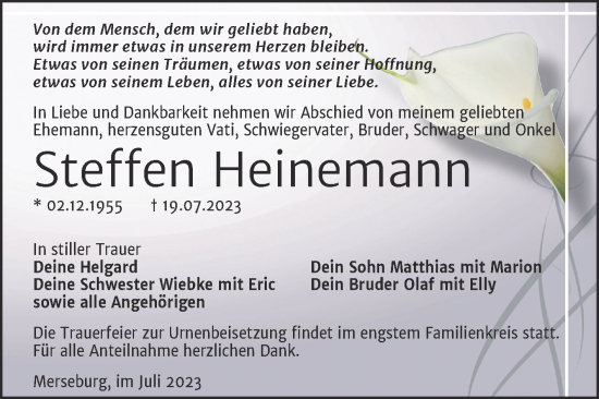 Traueranzeige von Steffen Heinemann von Trauerkombi Merseburg