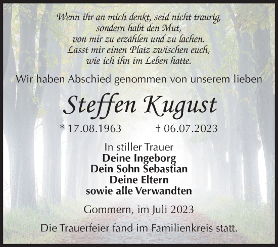 Traueranzeige von Steffen Kugust von Volksstimme Burg/Genthin