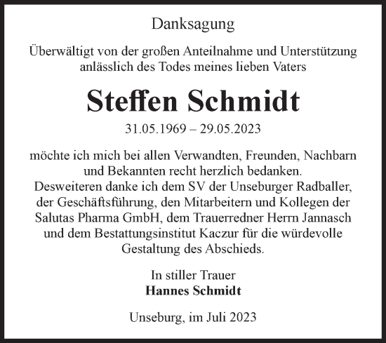 Traueranzeige von Steffen Schmidt von Volksstimme Staßfurt