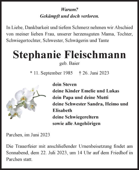 Traueranzeige von Stephanie Fleischmann von Volksstimme Burg/Genthin
