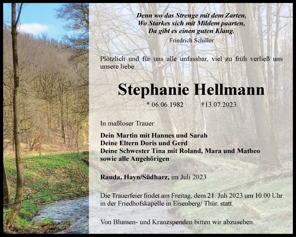  Traueranzeige für Stephanie Hellmann vom 20.07.2023 aus Mitteldeutsche Zeitung Sangerhausen