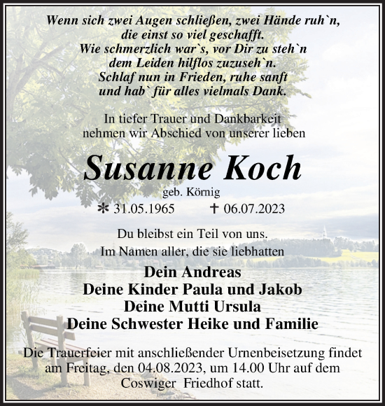 Traueranzeige von Susanne Koch von Trauerkombi Wittenberg