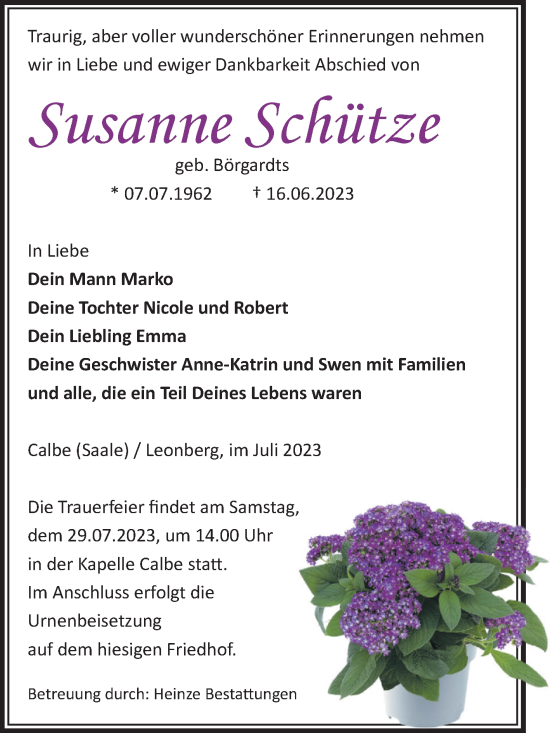 Traueranzeige von Susanne Schütze von Volksstimme Schönebeck