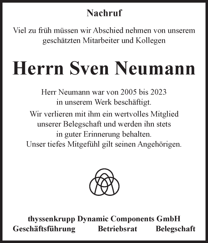  Traueranzeige für Sven Neumann vom 31.07.2023 aus Volksstimme Wernigerode