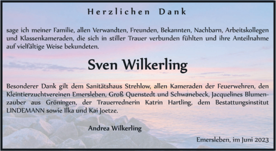 Traueranzeige von Sven Wilkerling von Volksstimme Halberstadt