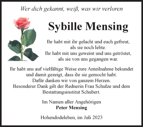 Traueranzeige von Sybille Mensing von Volksstimme Oschersleben/Wanzleben