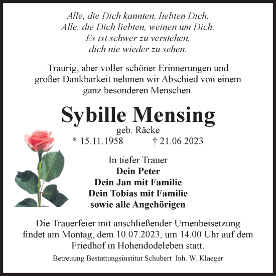 Traueranzeige von Sybille Mensing von Volksstimme Oschersleben/Wanzleben