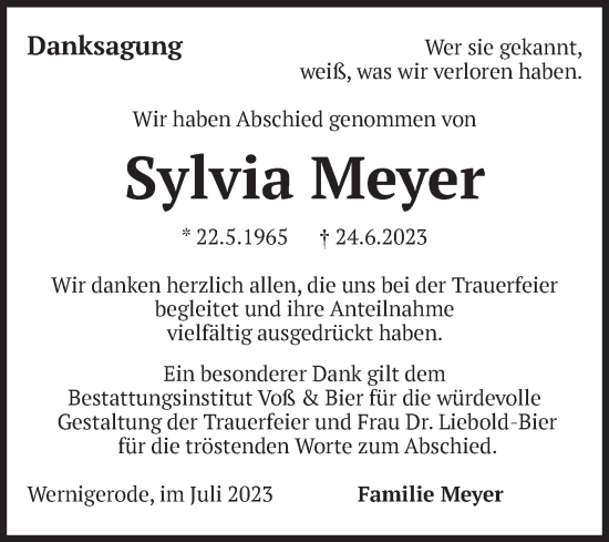 Traueranzeige von Sylvia Meyer von Volksstimme Wernigerode