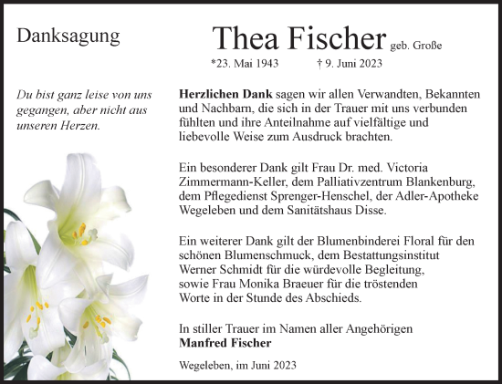 Traueranzeige von Thea Fischer von Volksstimme Halberstadt