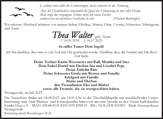 Traueranzeige von Thea Walter von Volksstimme Wernigerode