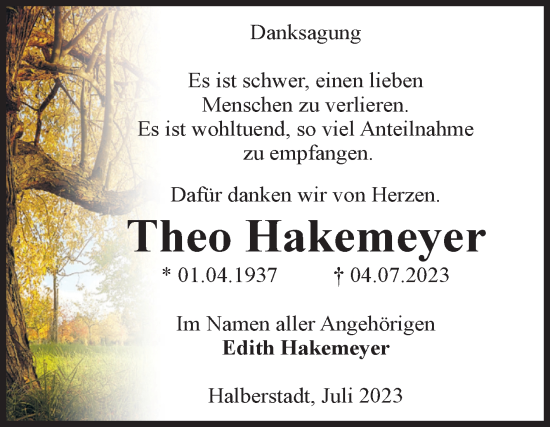 Traueranzeige von Theo Hakemeyer von Volksstimme Altmark West