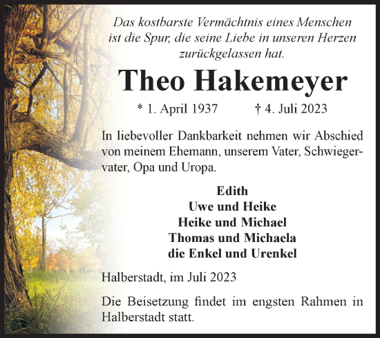 Traueranzeige von Theo Hakemeyer von Volksstimme Altmark West