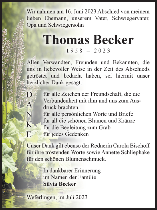 Traueranzeige von Thomas Becker von Volksstimme Haldensleben/Wolmirstedt