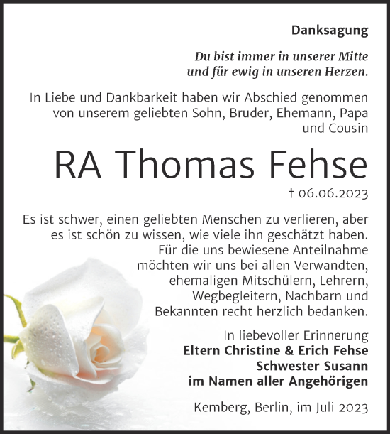 Traueranzeige von Thomas Fehse von Trauerkombi Wittenberg