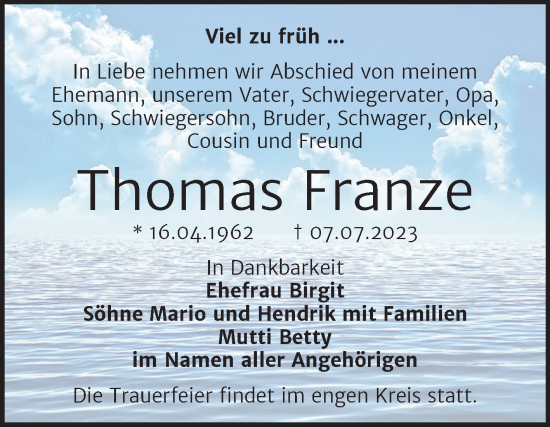 Traueranzeige von Thomas Franze von Trauerkombi Bernburg