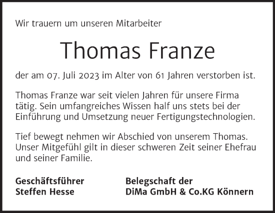 Traueranzeige von Thomas Franze von Super Sonntag Bernburg