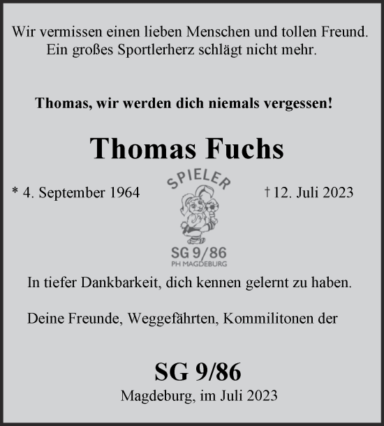 Traueranzeige von Thomas Fuchs von Mitteldeutsche Zeitung Zeitz