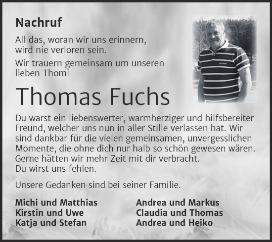 Traueranzeige von Thomas Fuchs von Trauerkombi Zeitz