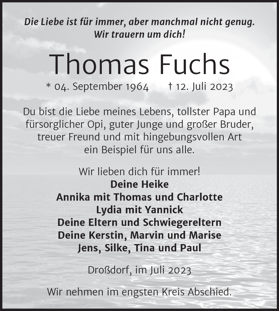  Traueranzeige für Thomas Fuchs vom 22.07.2023 aus Trauerkombi Zeitz