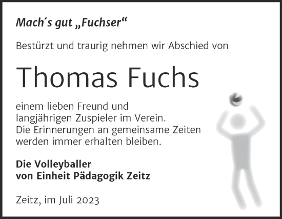 Traueranzeige von Thomas Fuchs von Trauerkombi Zeitz
