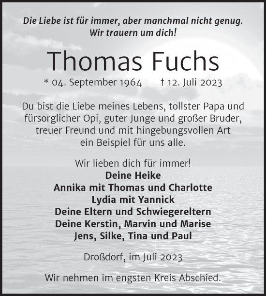Traueranzeige von Thomas Fuchs von Trauerkombi Zeitz